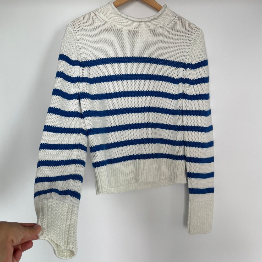 J Crew Roll Neck 100% Cotton Sweater S White Blue Stripe Nautical Coastal Preppy